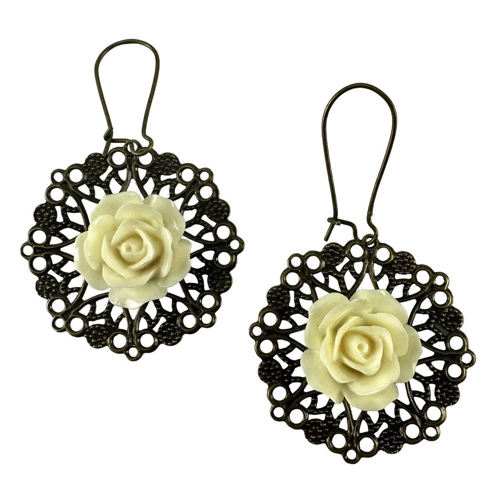 Boho Floral Cream Rose Earrings on Filigree Metal